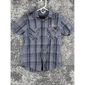 FUBU The Collection Short Sleeve Shirt Mens XS Semi Fit Button Up Plaid Logo‎